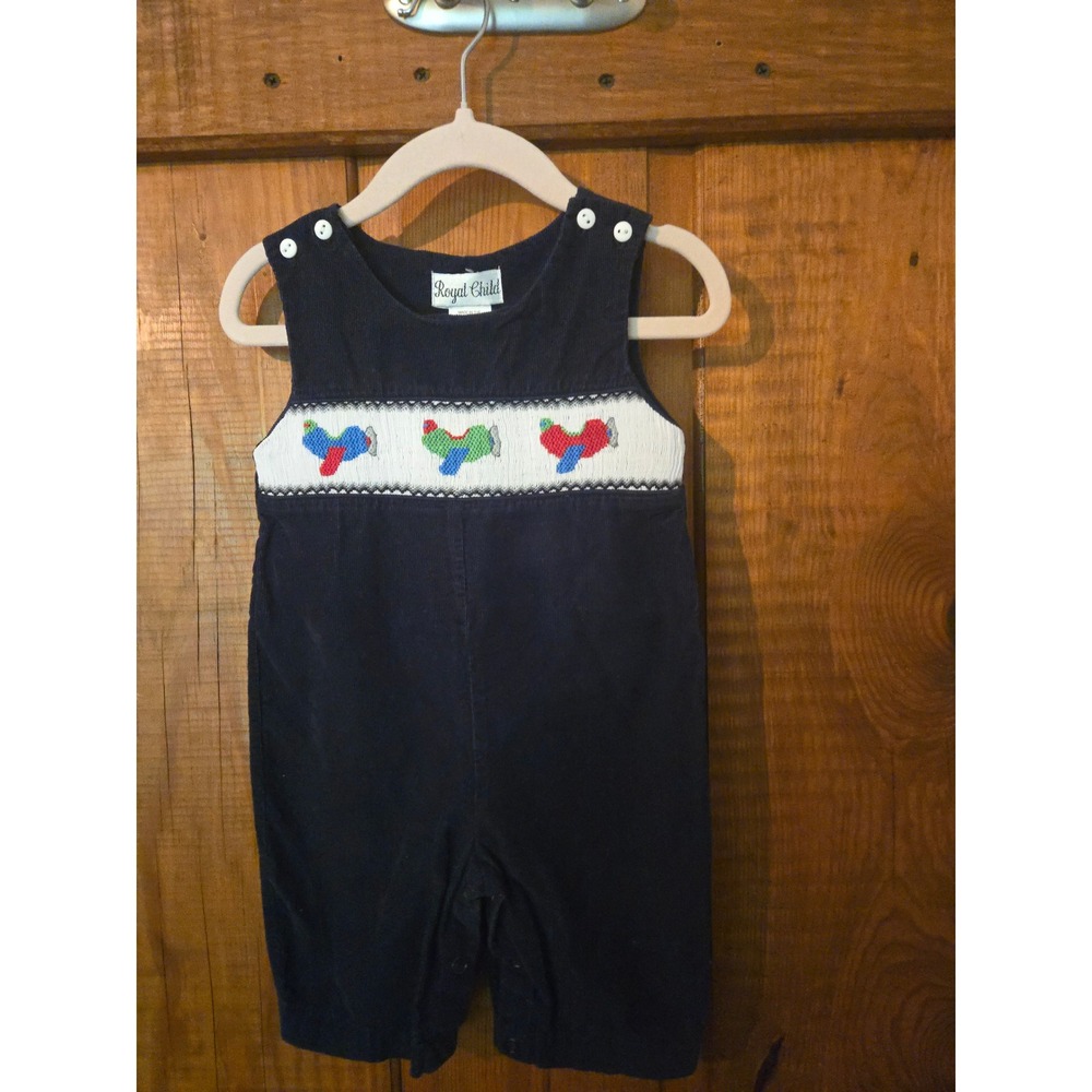 ROYAL CHILD - Baby Boy Navy Blue Corduroy Smocked Airplane Overalls - Size 3 mon